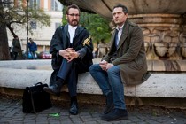 Claudio Santamaria and Marco Giallini on the set of Rimetti a noi i nostri debiti